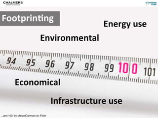 Footprin)ng
                                                        Energy	
  use
                                Environmental



           Economical
                                         Infrastructure	
  use
...and 100! by MarcelGermain on Flickr
 