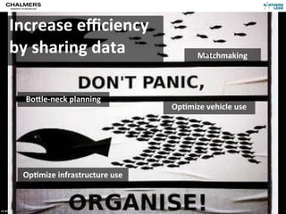 Increase	
  eﬃciency	
  
          by	
  sharing	
  data                                        Matchmaking




                                  BoVle-­‐neck	
  planning
                                                               Op@mize	
  vehicle	
  use




                            Op@mize	
  infrastructure	
  use


CC-­‐BY	
  Per	
  Olof	
  Arnäs
 