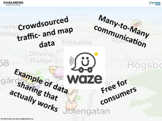Man
                              wdsou      rced	
              y-­‐to
                           Cro                          com         -­‐Ma
                               c-­‐	
  and	
  map	
         mun           ny	
  
                           traﬃ                                   ica)
                                                                        on
                                 data


              Exa
                  mpl
               sha e	
  of	
  da                                     r	
  
                                                              e	
  fo rs
             actu  ring                  ta	
              Fre me
                            	
  tha
                  ally
                       	
  wo      t	
  
                                                           consu
                                 rks
Per	
  Olof	
  Arnäs,	
  per-­‐olof.arnas@chalmers.se
 