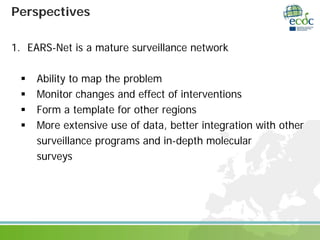 Perspectives
1. EARS-Net is a mature surveillance network
 Ability to map the problem
 Monitor changes and effect of interventions
 Form a template for other regions
 More extensive use of data, better integration with other
surveillance programs and in-depth molecular
surveys
 
