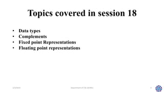 Topics covered in session 18
2/3/2023 Department of CSE (AI/ML) 4
• Data types
• Complements
• Fixed point Representations
• Floating point representations
 
