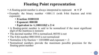 Floating Point representation
• A floating-point number is always interpreted to represent
• Example: the binary number +1001.11 (with 8-bit fraction and 6-bit
exponent)
• Fraction: 01001110
• Exponent: 000100
• Equivalent to +(.1001110)2 x 2+4
• A floating-point number is said to be normalized if the most significant
digit of the mantissa is nonzero
• The decimal number 350 is normalized, 00350 is not
• The 8-bit number 00011010 is not normalized
• Normalize it by fraction = 11010000 and exponent = -3
• Normalized numbers provide the maximum possible precision for the
floating-point number
2/3/2023 Department of CSE (AI/ML) 6
 