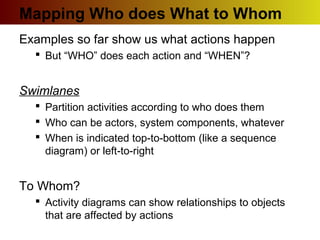 Mapping Who does What to Whom
Examples so far show us what actions happen
 But “WHO” does each action and “WHEN”?
Swimlanes
 Partition activities according to who does them
 Who can be actors, system components, whatever
 When is indicated top-to-bottom (like a sequence
diagram) or left-to-right
To Whom?
 Activity diagrams can show relationships to objects
that are affected by actions
 