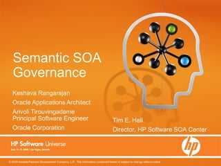 Semantic SOA
   Governance
  Keshava Rangarajan
  Oracle Applications Architect
  Arivoli Tirouvingadame
  Principal Software Engineer                                                   Tim E. Hall
  Oracle Corporation                                                            Director, HP Software SOA Center




© 2008 Hewlett-Packard Development Company, L.P. The information contained herein is subject to change without notice
 
