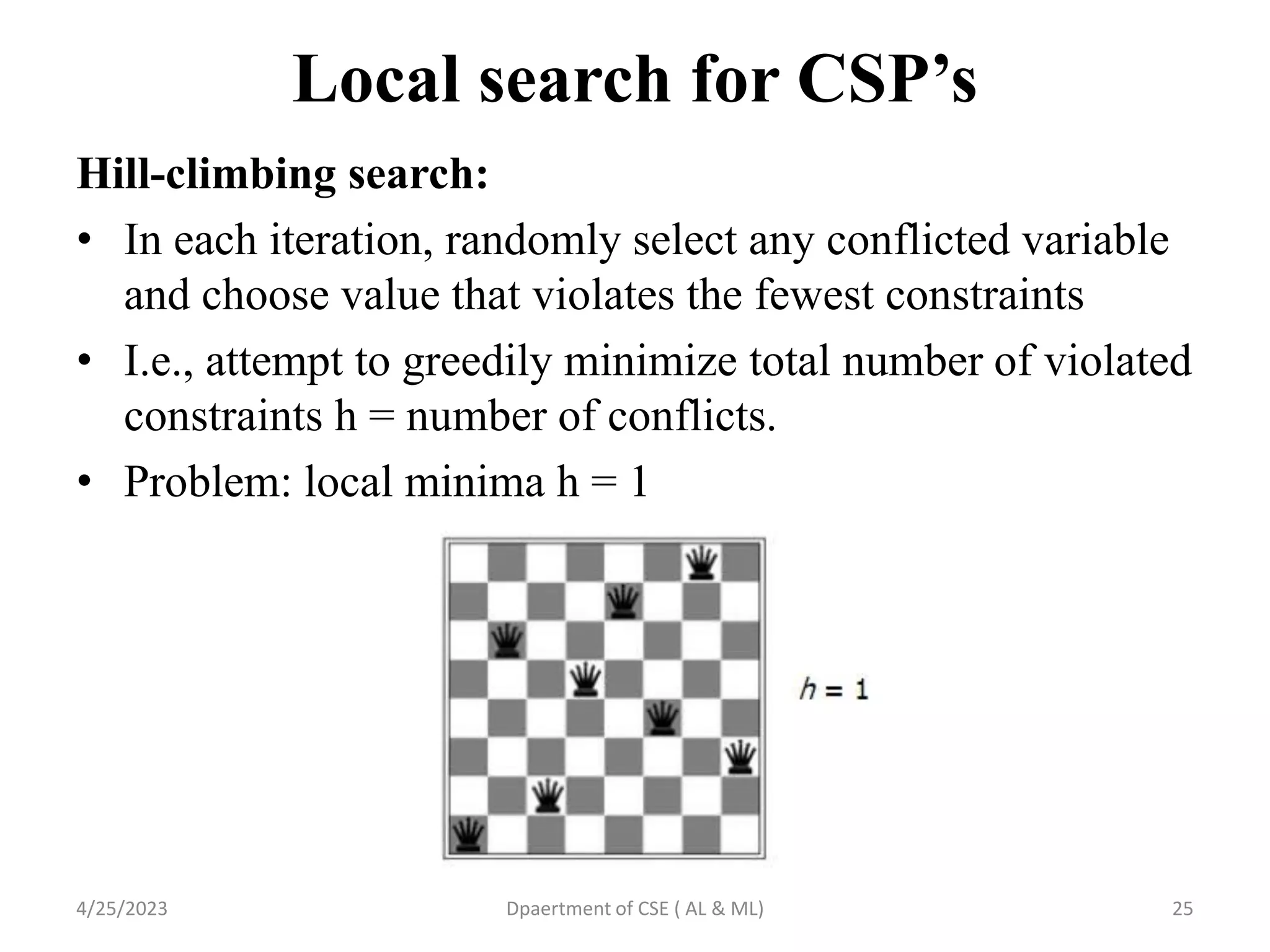 Local search for CSP’s
Hill-climbing search:
• In each iteration, randomly select any conflicted variable
and choose value that violates the fewest constraints
• I.e., attempt to greedily minimize total number of violated
constraints h = number of conflicts.
• Problem: local minima h = 1
4/25/2023 Dpaertment of CSE ( AL & ML) 25
 