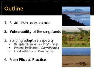 OutlinePastoralism, coexistenceVulnerability of the rangelandsBuilding adaptive capacity Rangeland resilience - Productivity