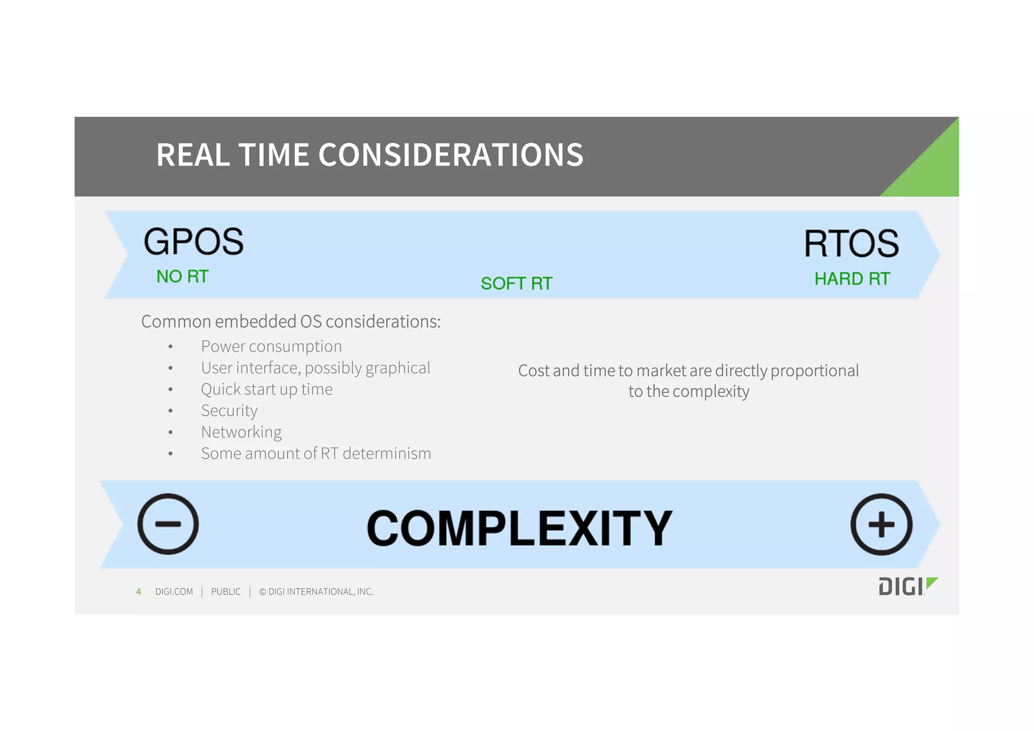 DIGI.COM | PUBLIC | © DIGI INTERNATIONAL, INC. Common embedded OS considerations: • Power consumption • User interface, possibly graphical • Quick start up time • Security • Networking • Some amount of RT determinism 4 REAL TIME CONSIDERATIONS Cost and time to market are directly proportional to the complexity 
