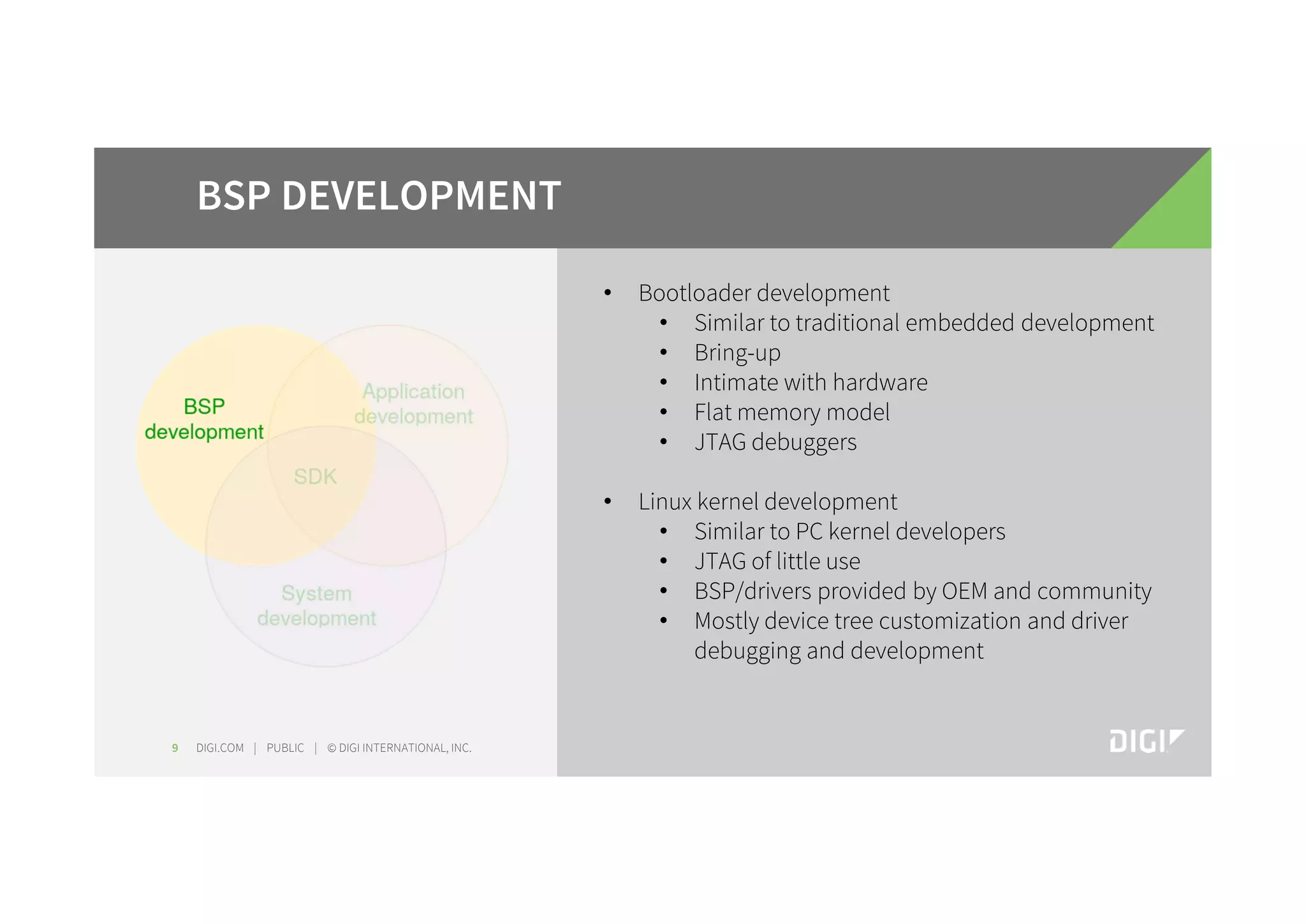 DIGI.COM | PUBLIC | © DIGI INTERNATIONAL, INC.9 BSP DEVELOPMENT • Bootloader development • Similar to traditional embedded development • Bring-up • Intimate with hardware • Flat memory model • JTAG debuggers • Linux kernel development • Similar to PC kernel developers • JTAG of little use • BSP/drivers provided by OEM and community • Mostly device tree customization and driver debugging and development 