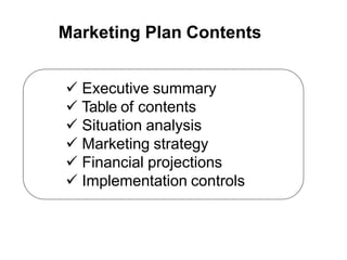 Marketing Plan Contents
 Executive summary
 Table of contents
 Situation analysis
 Marketing strategy
 Financial projections
 Implementation controls
 