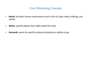 Core Marketing Concepts
• Needs: the basic human requirements such as for air, food, water, clothing, and
shelter
• Wants: specific objects that might satisfy the need
• Demands: wants for specific products backed by an ability to pay
 