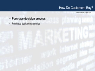 PRESENTATION 4 OF 24 / 122
How Do Customers Buy?
• Purchase decision process
• Purchase decision categories
 