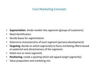 • Segmentation: divide market into segments (groups of customers)
• Need identification
• Decide bases for segmentation
• Determine characteristics of each segment (persona development)
• Targeting: decide on which segment(s) to focus marketing efforts based
on potential and attractiveness of the segments
• Select one or more segments
• Positioning: create a positing which will appeal target segment(s)
• Value proposition and marketing mix
Core Marketing Concepts
 