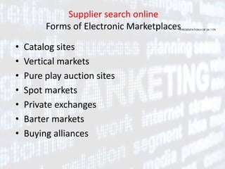 PRESENTATION 4 OF 24 / 179
Supplier search online
Forms of Electronic Marketplaces
• Catalog sites
• Vertical markets
• Pure play auction sites
• Spot markets
• Private exchanges
• Barter markets
• Buying alliances
 