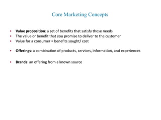 • Value proposition: a set of benefits that satisfy those needs
• The value or benefit that you promise to deliver to the customer
• Value for a consumer = benefits sought/ cost
• Offerings: a combination of products, services, information, and experiences
• Brands: an offering from a known source
Core Marketing Concepts
 