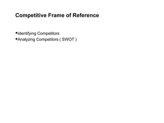 Competitive Frame of Reference
Identifying Competitors
Analyzing Competitors ( SWOT )
 
