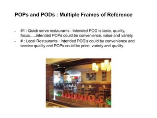 POPs and PODs : Multiple Frames of Reference
 #1 : Quick serve restaurants : Intended POD is taste, quality,
focus…..intended POPs could be convenience, value and variety.
 # : Local Restaurants : Intended POD’s could be convenience and
service quality and POPs could be price, variety and quality.
 
