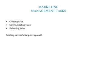 MARKETING
MANAGEMENT TASKS
• Creating value
• Communicating value
• Delivering value
Creating successful long-term growth
 