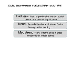 MACRO ENVIRONMENT FORCES AND INTERACTIONS
Fad -Short lived, unpredictable without social,
political or economic significance
Trend- Reveals the shape of future- Online
buying, online reading…
Megatrend -slow to form, once in place
influences for longer period
 