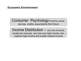 Economic Environment
Consumer Psychology-income, prices,
savings, credits, expectations from future
Income Distribution – very low incomes,
mostly low incomes, very low-very high income, low-
medium-high income and mostly medium income
 