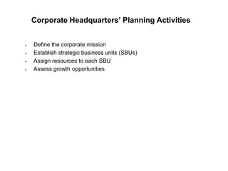 Corporate Headquarters’ Planning Activities
 Define the corporate mission
 Establish strategic business units (SBUs)
 Assign resources to each SBU
 Assess growth opportunities
 