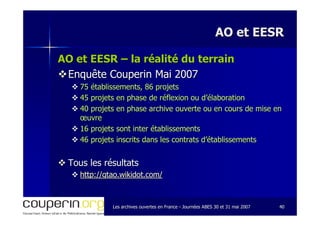 Les archives ouvertes en FranceLes archives ouvertes en France -- Journées ABES 30 et 31 mai 2007Journées ABES 30 et 31 mai 2007 4040
AO et EESRAO et EESR
AO et EESRAO et EESR –– la réalité du terrainla réalité du terrain
Enquête Couperin Mai 2007Enquête Couperin Mai 2007
75 établissements, 86 projets75 établissements, 86 projets
45 projets en phase de réflexion ou d’élaboration45 projets en phase de réflexion ou d’élaboration
40 projets en phase archive ouverte ou en cours de mise en40 projets en phase archive ouverte ou en cours de mise en
œuvreœuvre
16 projets sont inter établissements16 projets sont inter établissements
46 projets inscrits dans les contrats d’établissements46 projets inscrits dans les contrats d’établissements
Tous les résultatsTous les résultats
http://gtao.wikidot.com/http://gtao.wikidot.com/
 