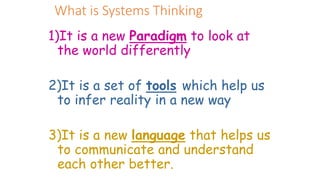 What is Systems Thinking
1)It is a new Paradigm to look at
the world differently
2)It is a set of tools which help us
to infer reality in a new way
3)It is a new language that helps us
to communicate and understand
each other better.
 