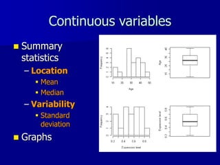 Continuous variables
 Summary
statistics
– Location
 Mean
 Median
– Variability
 Standard
deviation
 Graphs
 