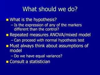 What should we do?
 What is the hypothesis?
– Is the expression of any of the markers
different than the control?
 Repeated measures ANOVA/mixed model
– Can proceed with normal hypothesis test
 Must always think about assumptions of
model
– Do we have equal variance?
 Consult a statistician
 