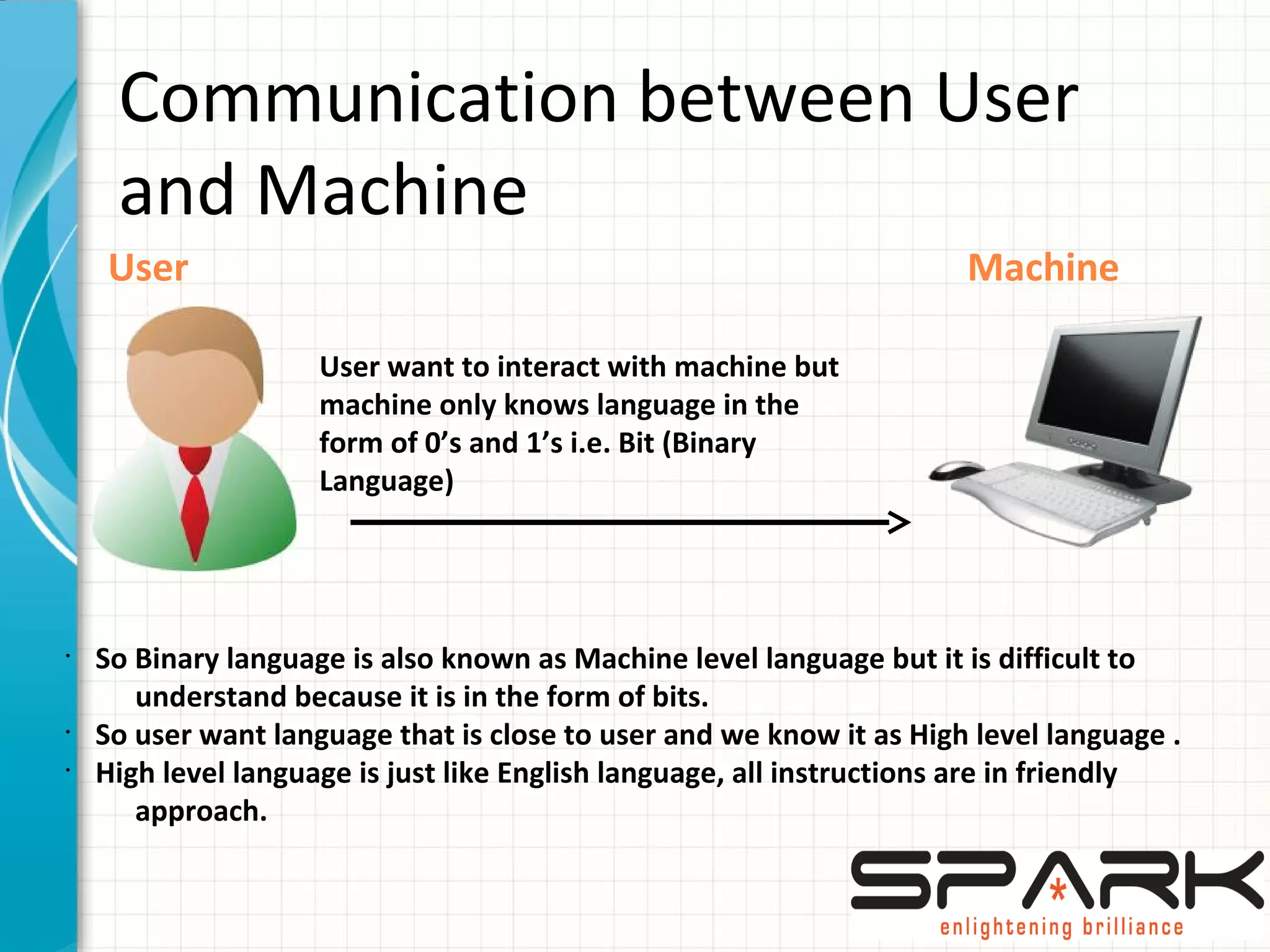 Communication between User
and Machine
User want to interact with machine but
machine only knows language in the
form of 0’s and 1’s i.e. Bit (Binary
Language)
User Machine
•
So Binary language is also known as Machine level language but it is difficult to
understand because it is in the form of bits.
•
So user want language that is close to user and we know it as High level language .
•
High level language is just like English language, all instructions are in friendly
approach.
 