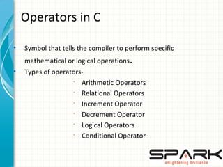 Operators in C
• Symbol that tells the compiler to perform specific
mathematical or logical operations.
• Types of operators-
§
Arithmetic Operators
§
Relational Operators
§
Increment Operator
§
Decrement Operator
§
Logical Operators
§
Conditional Operator
 