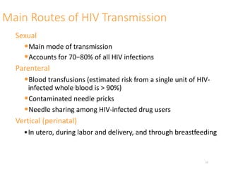 Main Routes of HIV Transmission
Sexual
•Main mode of transmission
•Accounts for 70−80% of all HIV infections
Parenteral
•Blood transfusions (estimated risk from a single unit of HIV-
infected whole blood is > 90%)
•Contaminated needle pricks
•Needle sharing among HIV-infected drug users
Vertical (perinatal)
•In utero, during labor and delivery, and through breastfeeding
12
 