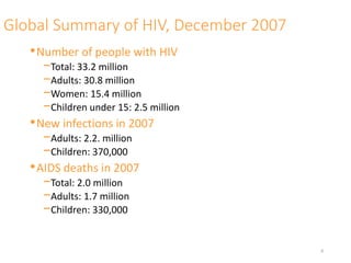 Global Summary of HIV, December 2007
•Number of people with HIV
−Total: 33.2 million
−Adults: 30.8 million
−Women: 15.4 million
−Children under 15: 2.5 million
•New infections in 2007
−Adults: 2.2. million
−Children: 370,000
•AIDS deaths in 2007
−Total: 2.0 million
−Adults: 1.7 million
−Children: 330,000
8
 
