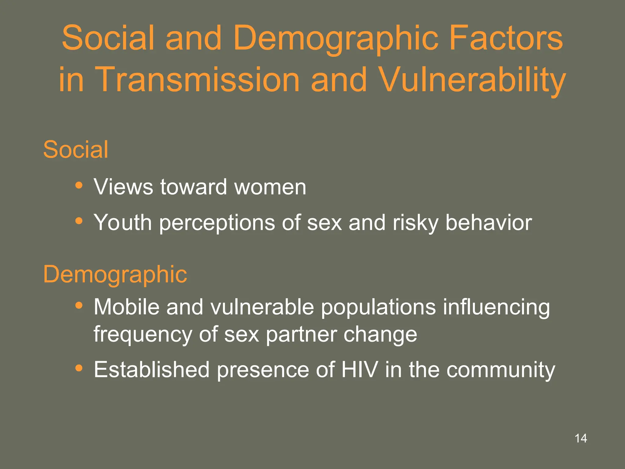14
Social and Demographic Factors
in Transmission and Vulnerability
Social
• Views toward women
• Youth perceptions of sex and risky behavior
Demographic
• Mobile and vulnerable populations influencing
frequency of sex partner change
• Established presence of HIV in the community
 