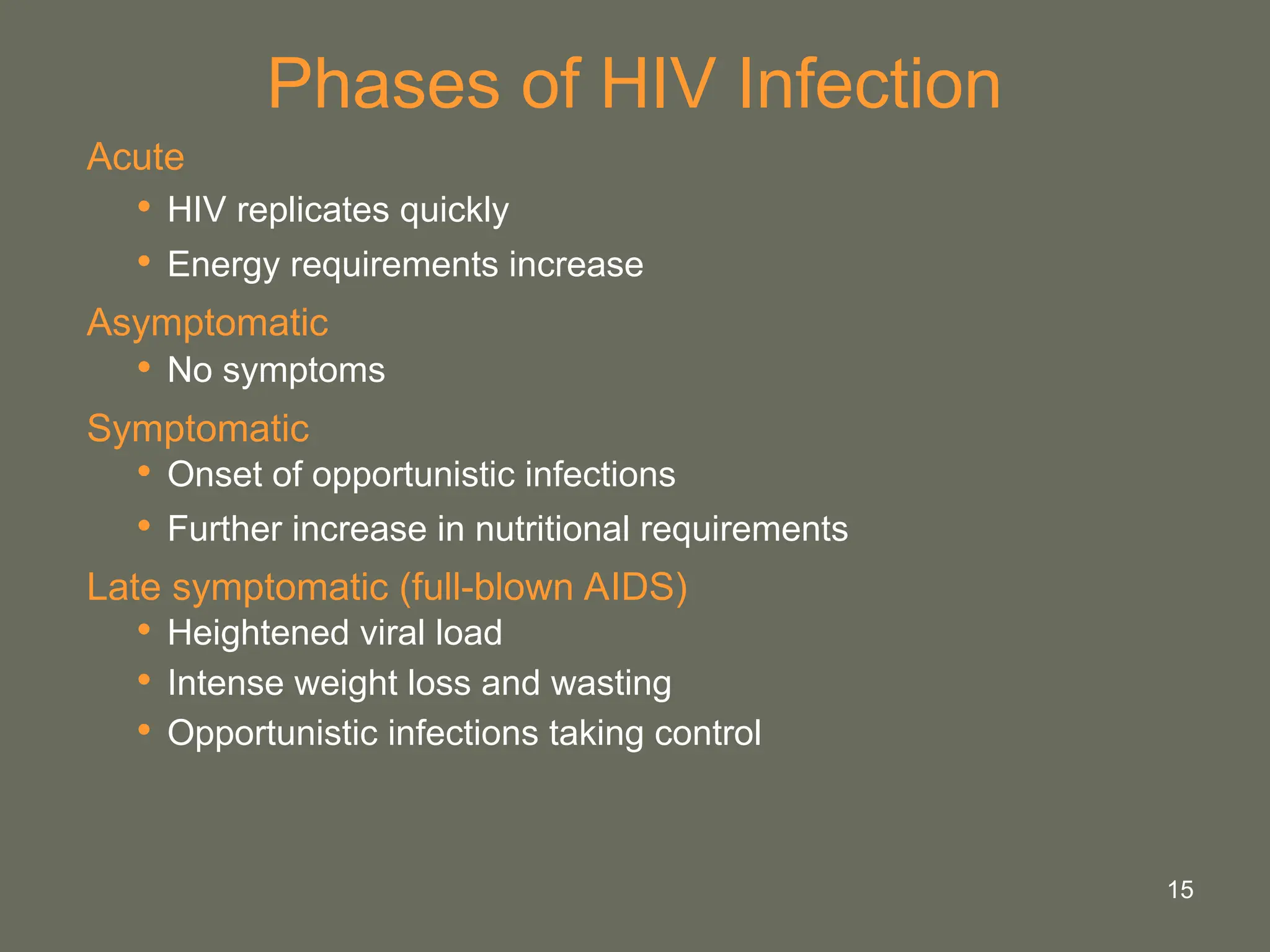 15
Phases of HIV Infection
Acute
• HIV replicates quickly
• Energy requirements increase
Asymptomatic
• No symptoms
Symptomatic
• Onset of opportunistic infections
• Further increase in nutritional requirements
Late symptomatic (full-blown AIDS)
• Heightened viral load
• Intense weight loss and wasting
• Opportunistic infections taking control
 