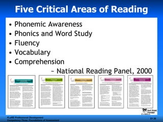 Five Critical Areas of Reading Phonemic Awareness Phonics and Word Study Fluency Vocabulary Comprehension   ~ National Reading Panel, 2000 FLaRE Professional Development Competency Three: Foundations of Assessment S1  
