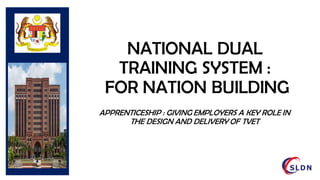 NATIONAL DUAL
TRAINING SYSTEM :
FOR NATION BUILDING
APPRENTICESHIP : GIVING EMPLOYERS A KEY ROLE IN
THE DESIGN AND DELIVERY OF TVET
 