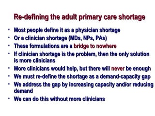 Re-defining the adult primary care shortageRe-defining the adult primary care shortage
• Most people define it as a physic...