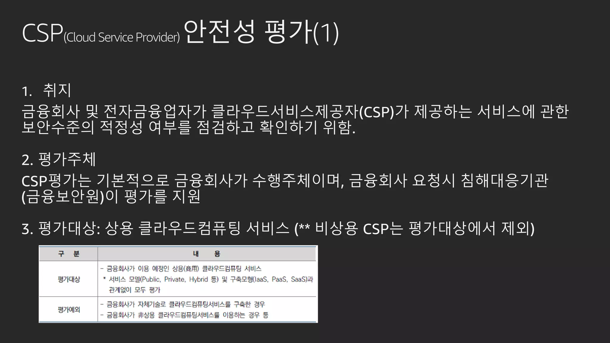 CSP(Cloud Service Provider) 안전성 평가(1)
1. 취지
금융회사 및 전자금융업자가 클라우드서비스제공자(CSP)가 제공하는 서비스에 관한
보안수준의 적정성 여부를 점검하고 확인하기 위함.
2. 평가주체
CSP평가는 기본적으로 금융회사가 수행주체이며, 금융회사 요청시 침해대응기관
(금융보안원)이 평가를 지원
3. 평가대상: 상용 클라우드컴퓨팅 서비스 (** 비상용 CSP는 평가대상에서 제외)
 