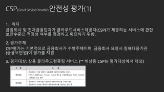 CSP(Cloud Service Provider) 안전성 평가(1)
1. 취지
금융회사 및 전자금융업자가 클라우드서비스제공자(CSP)가 제공하는 서비스에 관한
보안수준의 적정성 여부를 점검하고 확인하기 위함.
2. 평가주체
CSP평가는 기본적으로 금융회사가 수행주체이며, 금융회사 요청시 침해대응기관
(금융보안원)이 평가를 지원
3. 평가대상: 상용 클라우드컴퓨팅 서비스 (** 비상용 CSP는 평가대상에서 제외)
 
