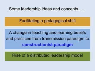 Some leadership ideas and concepts….. 
Facilitating a pedagogical shift 
A change in teaching and learning beliefs 
and practices from transmission paradigm to 
constructionist paradigm 
Rise of a distributed leadership model 
 