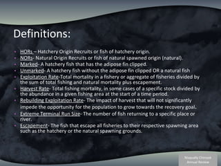 Definitions: HORs  – Hatchery Origin Recruits or fish of hatchery origin. NORs - Natural Origin Recruits or fish of natural spawned origin (natural). Marked - A hatchery fish that has the adipose fin clipped. Unmarked - A hatchery fish without the adipose fin clipped OR a natural fish Exploitation Rate -Total mortality in a fishery or aggregate of fisheries divided by the sum of total fishing and natural mortality plus escapement.  Harvest Rate - Total fishing mortality, in some cases of a specific stock divided by the abundance in a given fishing area at the start of a time period.  Rebuilding Exploitation Rate - The impact of harvest that will not significantly impede the opportunity for the population to grow towards the recovery goal . Extreme Terminal Run Size - The number of fish returning to a specific place or river.  Escapement - The fish that escape all fisheries to their respective spawning area such as the hatchery or the natural spawning grounds.  