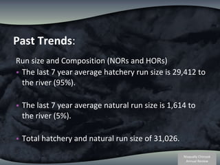 Past Trends : Run size and Composition (NORs and HORs) The last 7 year average hatchery run size is 29,412 to the river (95%). The last 7 year average natural run size is 1,614 to the river (5%).  Total hatchery and natural run size of 31,026.  