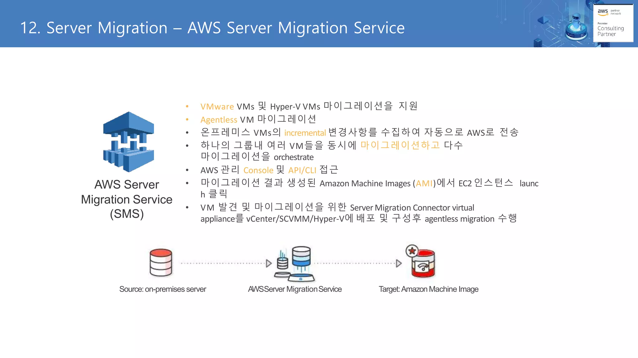 12. Server Migration – AWS Server Migration Service
• VMware VMs 및 Hyper-V VMs 마이그레이션을 지원
• Agentless VM 마이그레이션
• 온프레미스 VMs의 incremental 변경사항를 수집하여 자동으로 AWS로 전송
• 하나의 그룹내 여러 VM들을 동시에 마이그레이션하고 다수
마이그레이션을 orchestrate
• AWS 관리 Console 및 API/CLI 접근
• 마이그레이션 결과 생성된 Amazon Machine Images (AMI)에서 EC2 인스턴스 launc
h 클릭
• VM 발견 및 마이그레이션을 위한 ServerMigration Connector virtual
appliance를 vCenter/SCVMM/Hyper-V에 배포 및 구성후 agentless migration 수행
AWS Server
Migration Service
(SMS)
Source:on-premises server AWSServer MigrationService Target:AmazonMachine Image
 