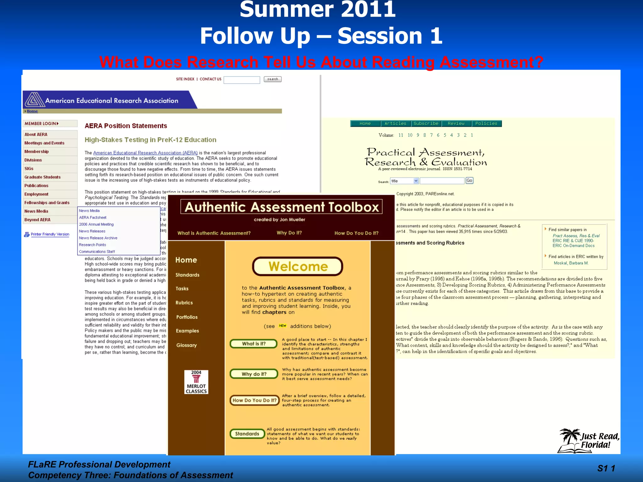 Summer 2011 Follow Up – Session 1 FLaRE Professional Development Competency Three: Foundations of Assessment S1 What Does Research Tell Us About Reading Assessment?