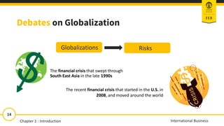14
International Business
The financial crisis that swept through
South East Asia in the late 1990s
Globalizations Risks
The recent financial crisis that started in the U.S. in
2008, and moved around the world
Debates on Globalization
Chapter 1 : Introduction
 