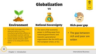 16
International Business
Environment
• Free trade encourages firms from
advanced nations to move
manufacturing facilities offshore to
less developed countries with lax
environmental and labor regulations.
• Carbon dioxide emissions which
appear to rise along with income
levels
Rich-poor gap
• The gap between
rich and poor are
widen
Globalization
vs
National Sovereignty
• The worry that economic
power is shifting away from
national governments and
towards supranational
organizations like the WTO and
the European Union, or EU.
Chapter 1 : Introduction
 