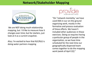 Network/Stakeholder Mapping



                                            “On "network mentality,' we have
                                            used SNA in our on-the-ground
                                            organizing work, mostly in the
                                            formative and process evaluation
 We are NOT doing much relationship
                                            of these efforts. We haven't
mapping, but I'd like to measure how it
                                            included other audiences in those
changes over time; but for starters, just
                                            exercises. Doing so requires having
look at it as a current snapshot.
                                            a particular group of people in the
                                            organization, so we have time
Also, I'm excited to hear that RLF/RLG is
                                            scheduled for the next time our
doing water partners mapping
                                            geographically dispersed team
                                            comes together to do the mapping
                                            work (week of April 22).”
 