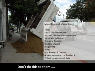 Make them part of your team

                 Tasks
                 Social Media Overview
                 Account Creation/Customization
                 Social Media Research
                 Template Creation
                 Blog Monitoring
                 Blog Drafts
                 Video
                 Post Facebook Content
                 Answer comments on Facebook
                 Collect measurement data


Don’t do this to them ….
 