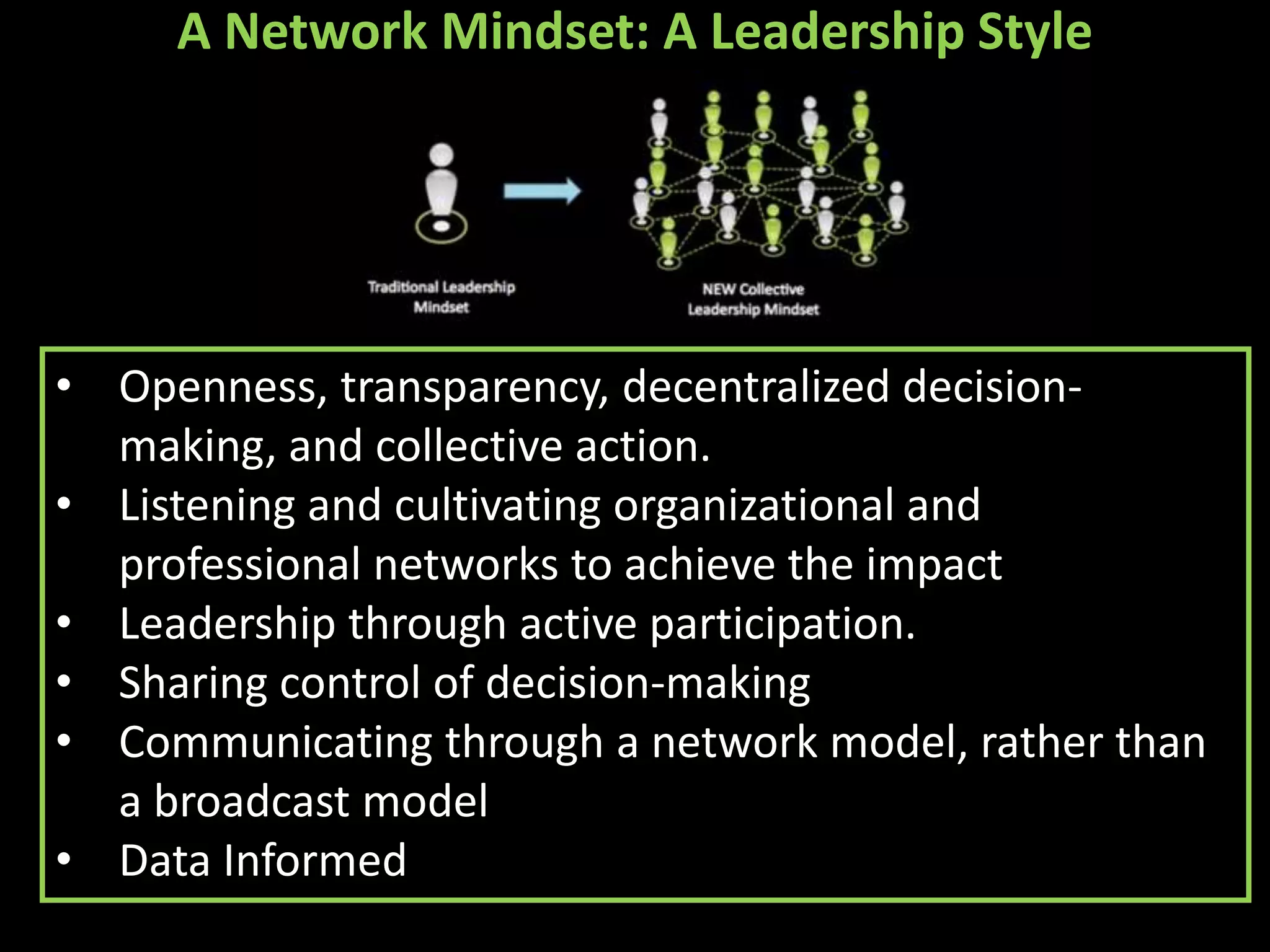 A Network Mindset: A Leadership Style




• Openness, transparency, decentralized decision-
  making, and collective action.
• Listening and cultivating organizational and
  professional networks to achieve the impact
• Leadership through active participation.
• Sharing control of decision-making
• Communicating through a network model, rather than
  a broadcast model
• Data Informed
 