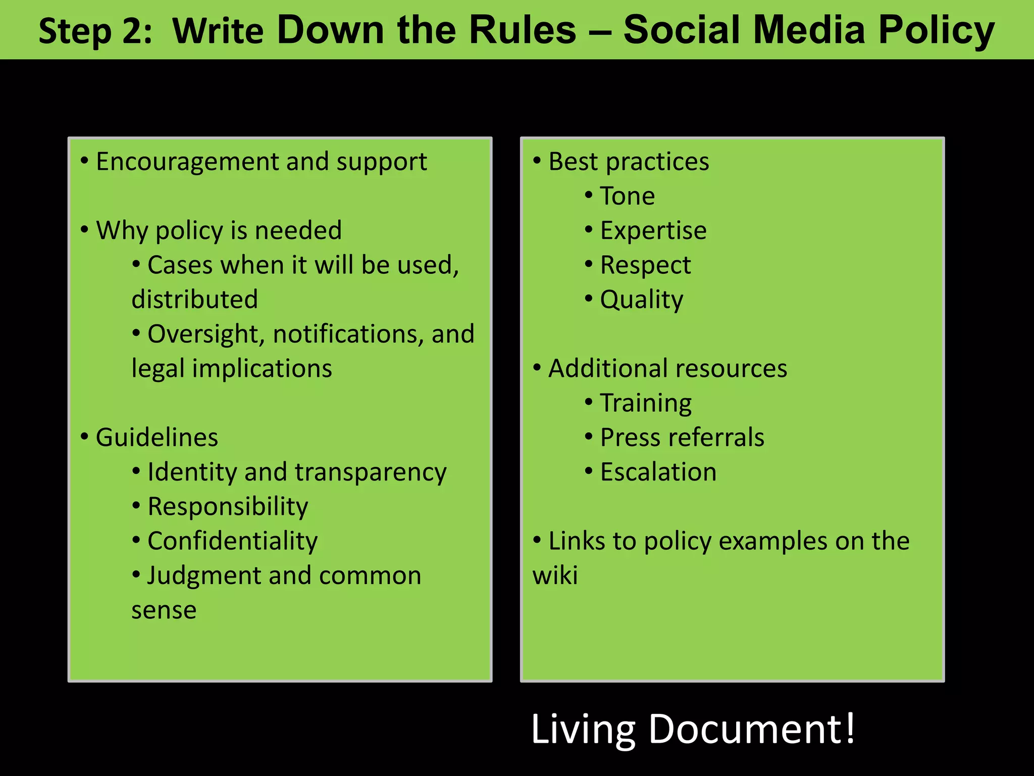 Step 2: Write Down the Rules – Social Media Policy


  • Encouragement and support              • Best practices
                                                • Tone
  • Why policy is needed                        • Expertise
      • Cases when it will be used,             • Respect
      distributed                               • Quality
      • Oversight, notifications, and
      legal implications                   • Additional resources
                                               • Training
  • Guidelines                                 • Press referrals
      • Identity and transparency              • Escalation
      • Responsibility
      • Confidentiality                    • Links to policy examples on the
      • Judgment and common                wiki
      sense



                                           Living Document!
                                        Source: Charlene Li, Altimeter Group
 
